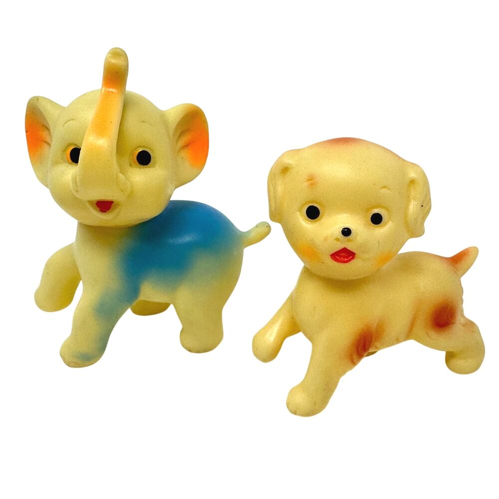 Vintage Rubber Squeaky Toys Elephant Puppy Pair Collectible Figurines Baby MCM